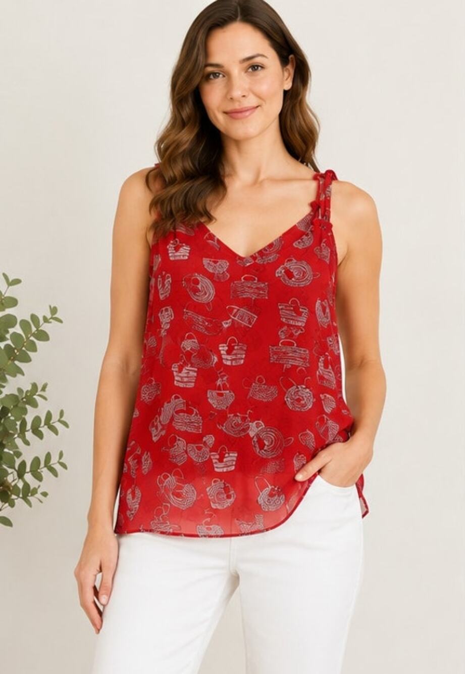 Cabi Red Handbag Print Cami Blouse Tank Top Size Large